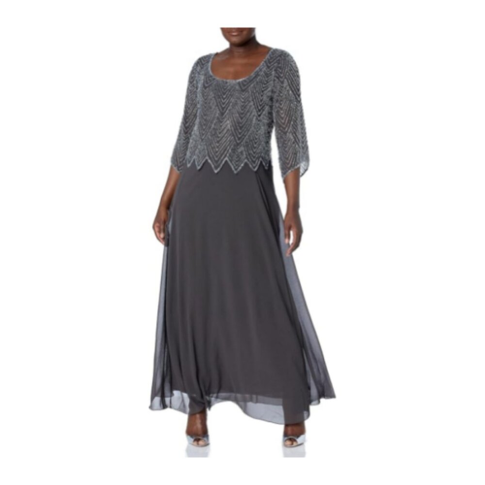 J Kara Women's 3/4 Sleeve V-Neck Beaded Top Long Gown 18.